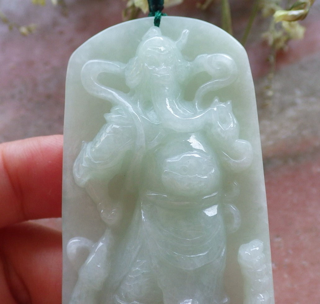 Certified Green Natural Myanmar Burma A Jade jadeite Guan Gong God Sword Bat Pendant Necklace