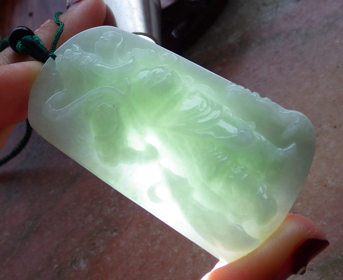 Certified Green Natural Myanmar Burma A Jade jadeite Guan Gong God Sword Bat Pendant Necklace