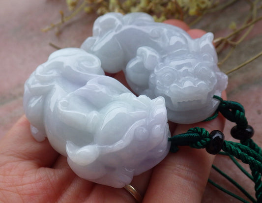 1 Pair Certified Hand Carved Lavender Green Natural Myanmar Burma A Jade jadeite Dragon Pi Xiu Pendant Necklace