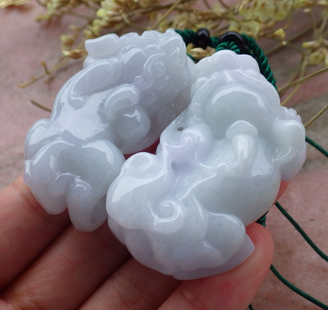 1 Pair Certified Hand Carved Lavender Green Natural Myanmar Burma A Jade jadeite Dragon Pi Xiu Pendant Necklace