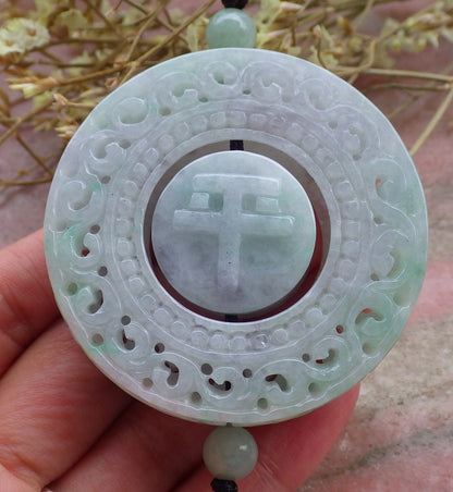 Certified Hand Carved Natural Burma A Jade Jadeite Dragon Flower Pin an Circle Lucky Amulet Pendant Necklace