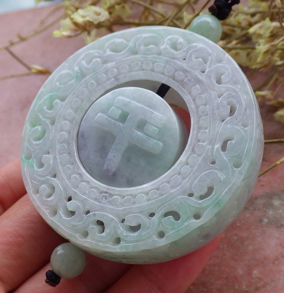 Certified Hand Carved Natural Burma A Jade Jadeite Dragon Flower Pin an Circle Lucky Amulet Pendant Necklace