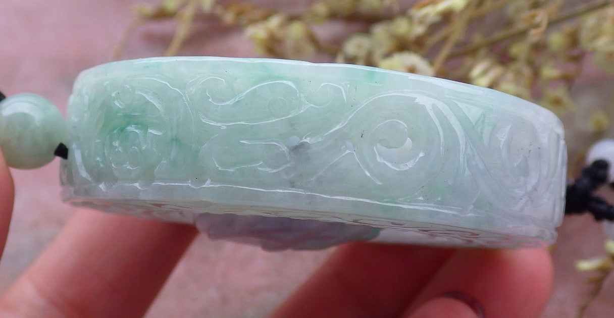 Certified Hand Carved Natural Burma A Jade Jadeite Dragon Flower Pin an Circle Lucky Amulet Pendant Necklace