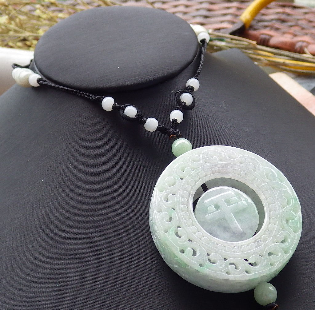 Certified Hand Carved Natural Burma A Jade Jadeite Dragon Flower Pin an Circle Lucky Amulet Pendant Necklace