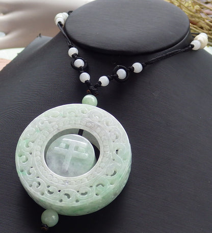 Certified Hand Carved Natural Burma A Jade Jadeite Dragon Flower Pin an Circle Lucky Amulet Pendant Necklace