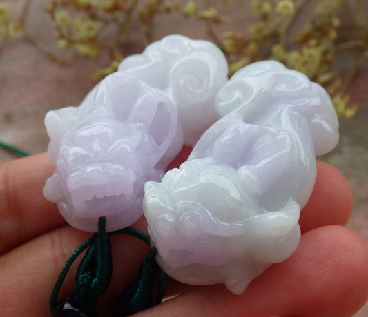 1 Pair Certified Hand Carved Lavender Green Natural Myanmar Burma A Jade jadeite Dragon Pi Xiu Pendant Necklace