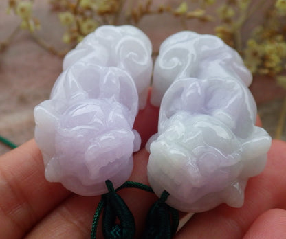 1 Pair Certified Hand Carved Lavender Green Natural Myanmar Burma A Jade jadeite Dragon Pi Xiu Pendant Necklace