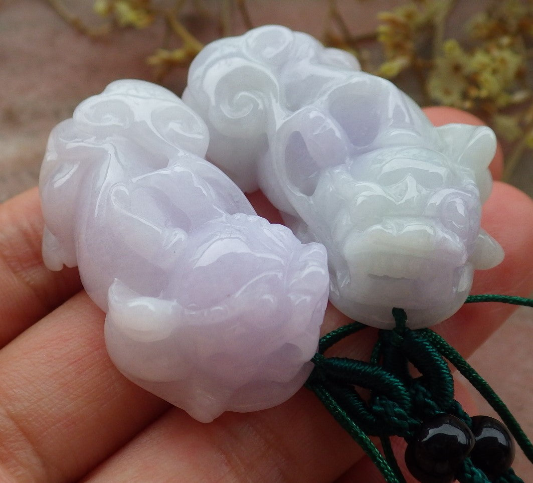 1 Pair Certified Hand Carved Lavender Green Natural Myanmar Burma A Jade jadeite Dragon Pi Xiu Pendant Necklace