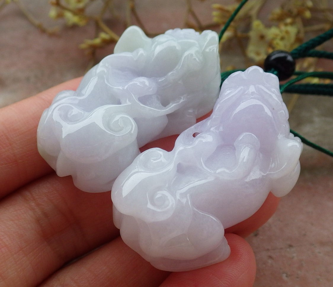 1 Pair Certified Hand Carved Lavender Green Natural Myanmar Burma A Jade jadeite Dragon Pi Xiu Pendant Necklace