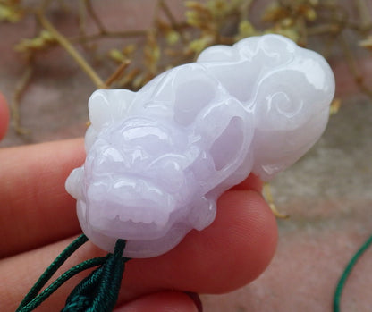 1 Pair Certified Hand Carved Lavender Green Natural Myanmar Burma A Jade jadeite Dragon Pi Xiu Pendant Necklace