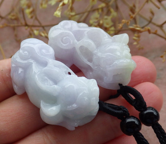 1 Pair Certified Hand Carved Lavender Green Natural Myanmar Burma A Jade jadeite Dragon Pi Xiu Pendant Necklace