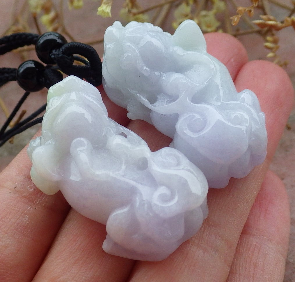 1 Pair Certified Hand Carved Lavender Green Natural Myanmar Burma A Jade jadeite Dragon Pi Xiu Pendant Necklace