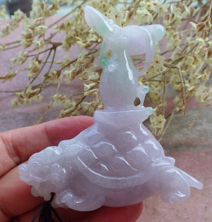 Certified Hand Carved Lavender Natural Burma Myanmar A Jade jadeite Dragon Turtle Display