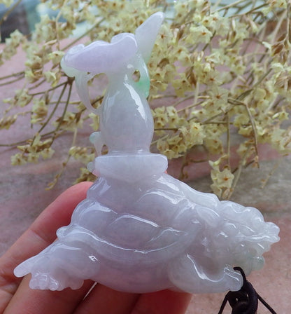 Certified Hand Carved Lavender Natural Burma Myanmar A Jade jadeite Dragon Turtle Display