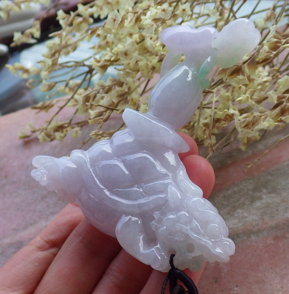 Certified Hand Carved Lavender Natural Burma Myanmar A Jade jadeite Dragon Turtle Display