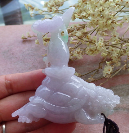 Certified Hand Carved Lavender Natural Burma Myanmar A Jade jadeite Dragon Turtle Display