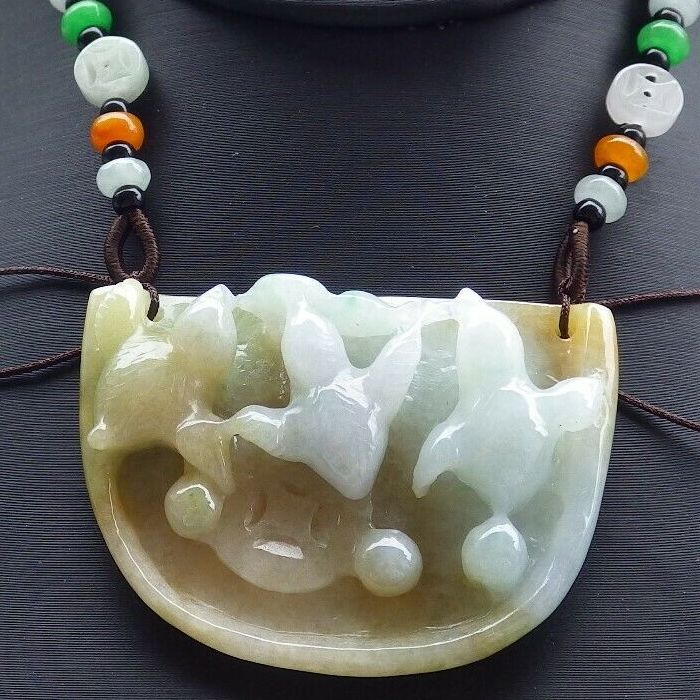 Certified Hand Carved Yellow Natural Myanmar Burma A Jade jadeite 3 Rooster Phoenix Pendant Necklace