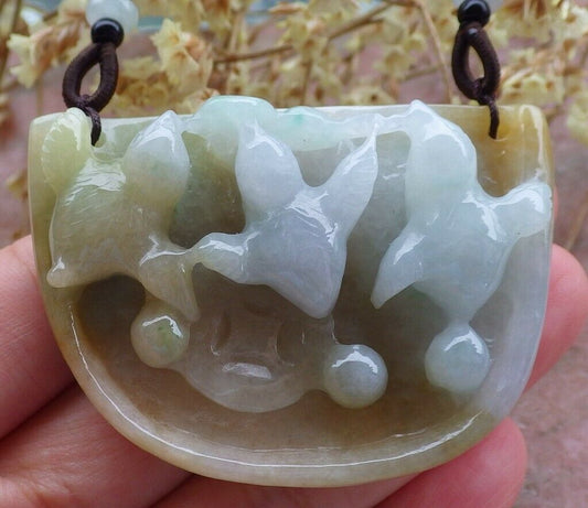 Certified Hand Carved Yellow Natural Myanmar Burma A Jade jadeite 3 Rooster Phoenix Pendant Necklace