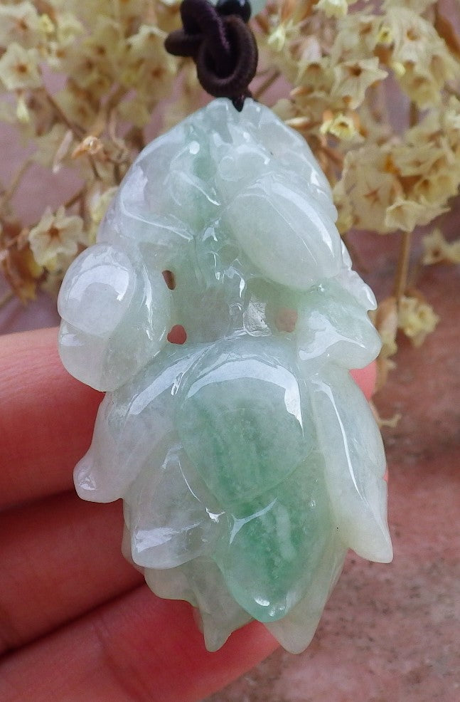 Certified Hand Carved Icy Green Natural Myanmar Burma A Jade Jadeite Rose Flower Pendant Necklace