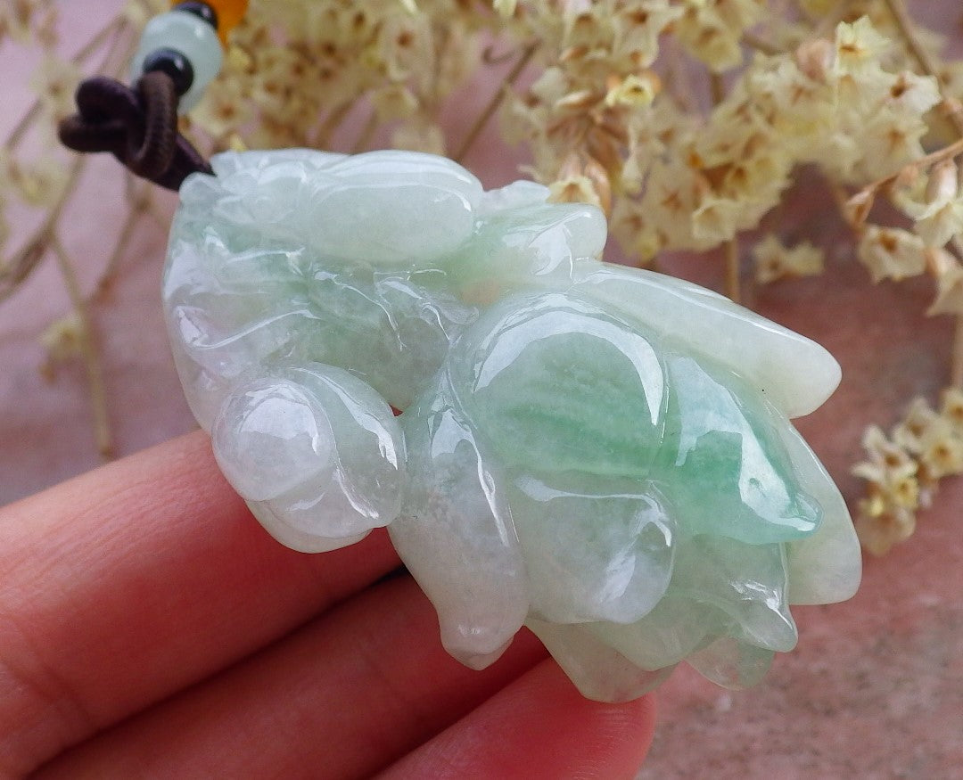 Certified Hand Carved Icy Green Natural Myanmar Burma A Jade Jadeite Rose Flower Pendant Necklace