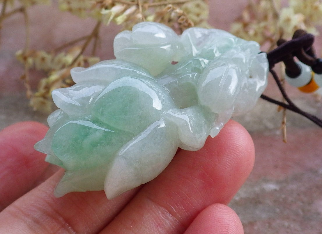 Certified Hand Carved Icy Green Natural Myanmar Burma A Jade Jadeite Rose Flower Pendant Necklace