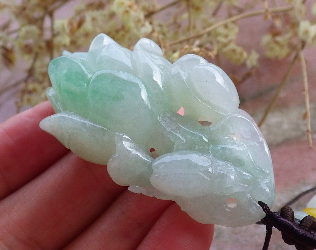 Certified Hand Carved Icy Green Natural Myanmar Burma A Jade Jadeite Rose Flower Pendant Necklace