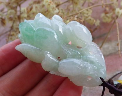 Certified Hand Carved Icy Green Natural Myanmar Burma A Jade Jadeite Rose Flower Pendant Necklace