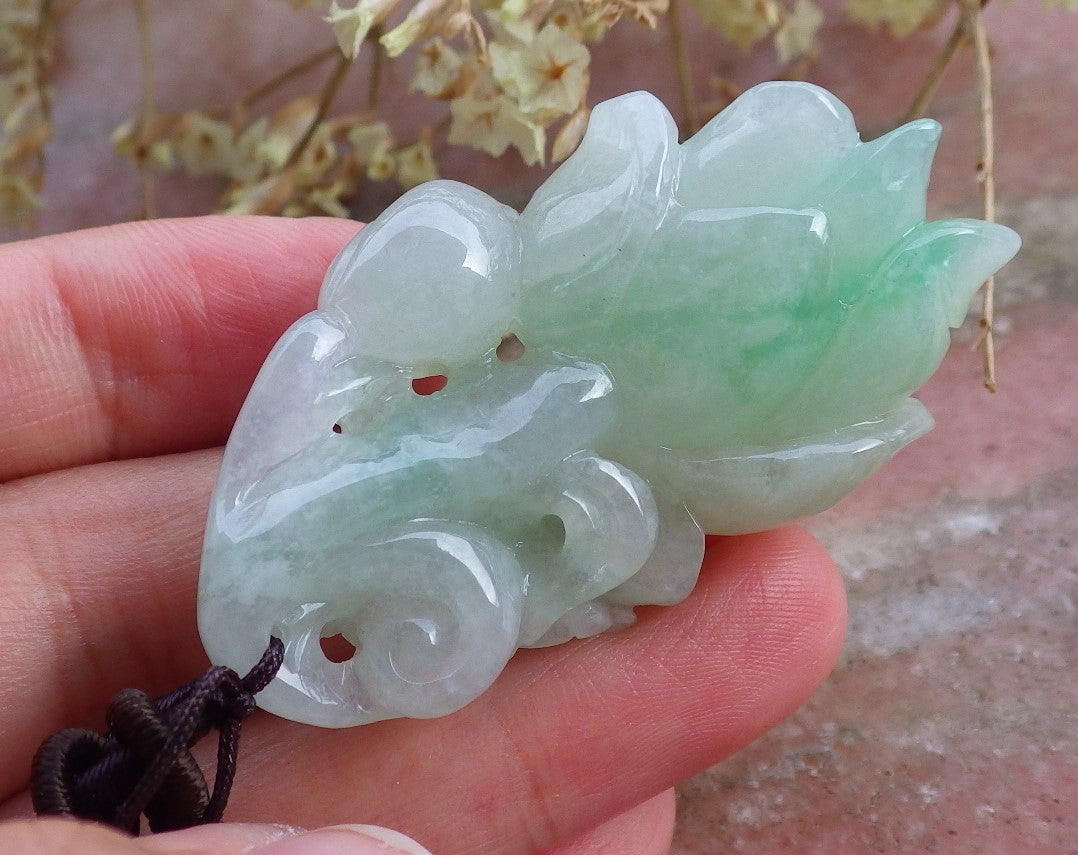 Certified Hand Carved Icy Green Natural Myanmar Burma A Jade Jadeite Rose Flower Pendant Necklace