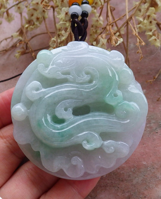 Certified Hand Carved Green Natural Myanmar Burma A Jade jadeite Circle Dragon Bead Beads Pendant Necklace