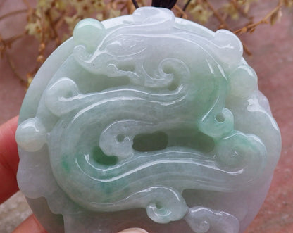 Certified Hand Carved Green Natural Myanmar Burma A Jade jadeite Circle Dragon Bead Beads Pendant Necklace