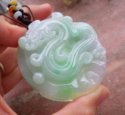 Certified Hand Carved Green Natural Myanmar Burma A Jade jadeite Circle Dragon Bead Beads Pendant Necklace