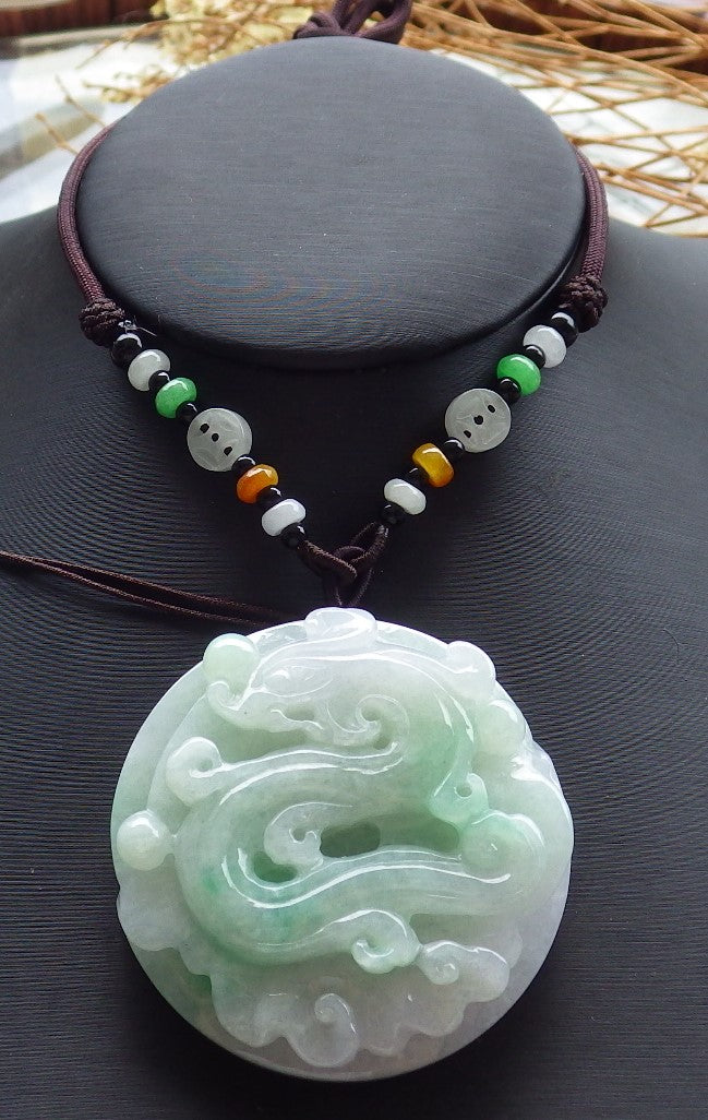 Certified Hand Carved Green Natural Myanmar Burma A Jade jadeite Circle Dragon Bead Beads Pendant Necklace