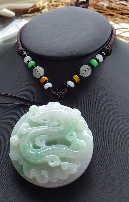 Certified Hand Carved Green Natural Myanmar Burma A Jade jadeite Circle Dragon Bead Beads Pendant Necklace