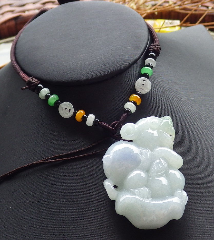 Certified Hand Carved Green Lavender Natural Myanmar Burma A Jade jadeite Mouse Rat Coin Pendant Necklace