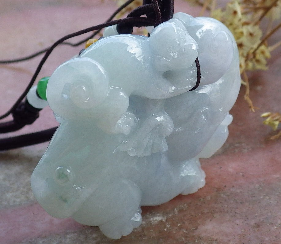 Certified Hand Carved Lavender Natural Myanmar Burma A Jade jadeite Elephant Monkey Pendant Necklace