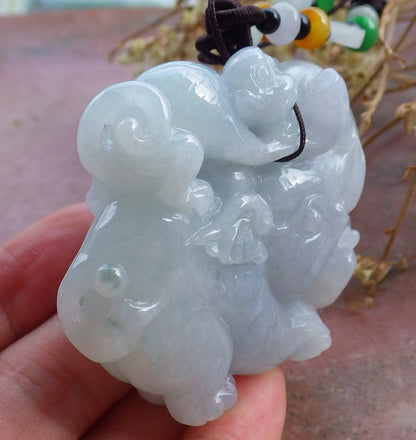 Certified Hand Carved Lavender Natural Myanmar Burma A Jade jadeite Elephant Monkey Pendant Necklace