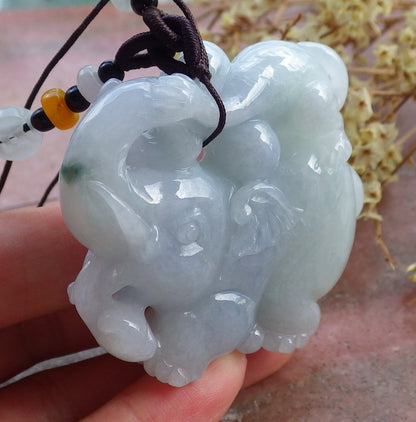 Certified Hand Carved Lavender Natural Myanmar Burma A Jade jadeite Elephant Monkey Pendant Necklace