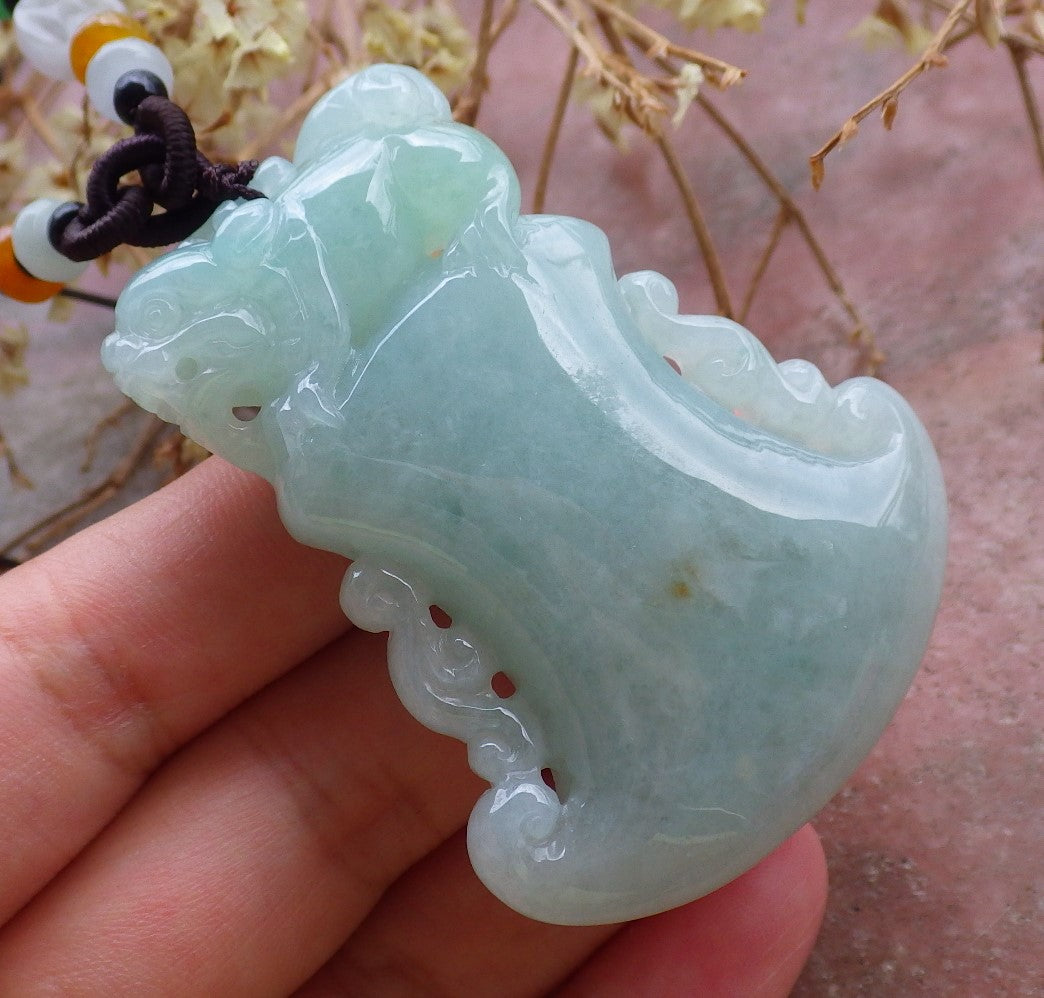 Certified Hand Carved Green Natural Myanmar Burma 100% A Jade jadeite Dragon Pi Xiu Axe Pendant Necklace