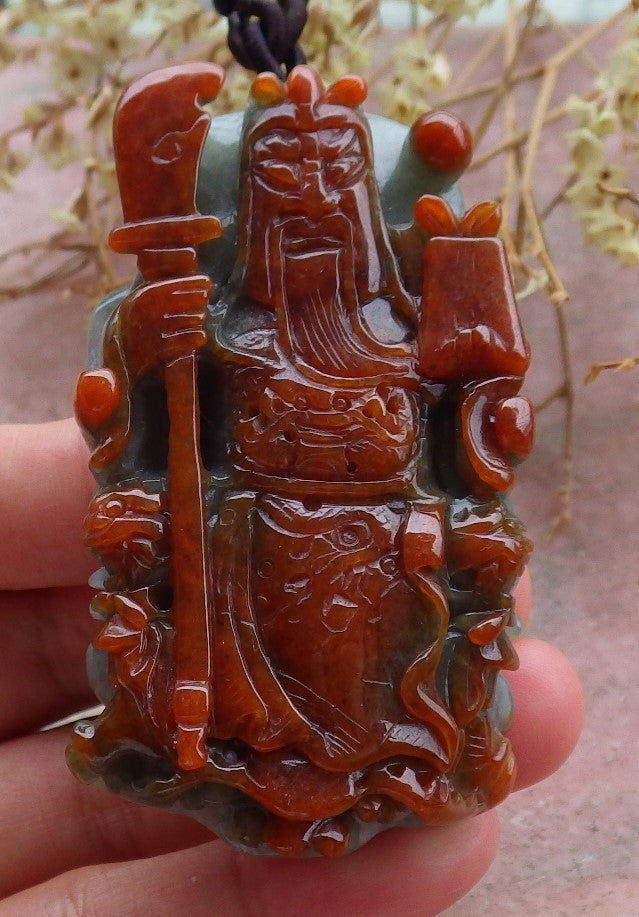 Certified Brown Red 100% Natural Myanmar Burma A Jade jadeite Fight God Guan Gong God Guangyu Broadword Pendant Necklace