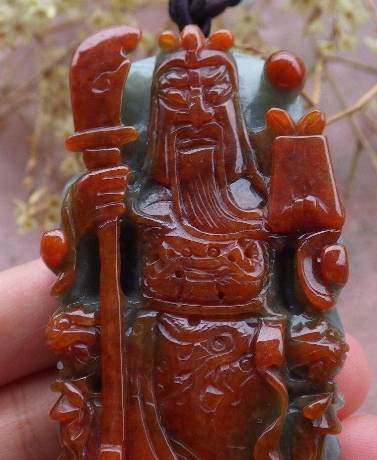 Certified Brown Red 100% Natural Myanmar Burma A Jade jadeite Fight God Guan Gong God Guangyu Broadword Pendant Necklace