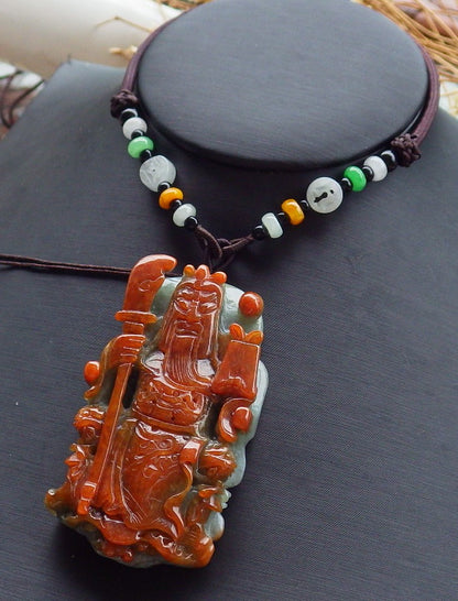 Certified Brown Red 100% Natural Myanmar Burma A Jade jadeite Fight God Guan Gong God Guangyu Broadword Pendant Necklace