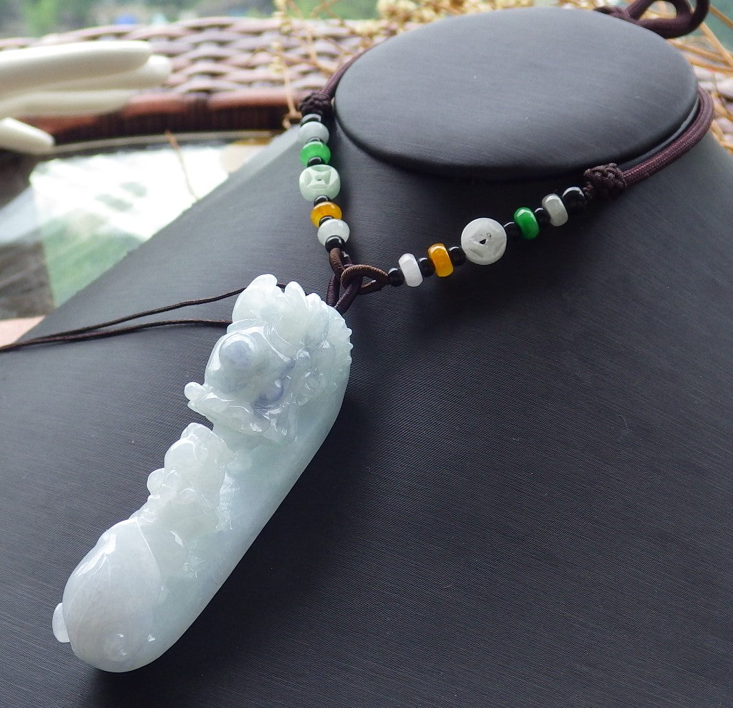 Certified Hand Carved Natural Lavender Green Burma A Jade jadeite Dragon Pi Xiu Pendant Necklace selling