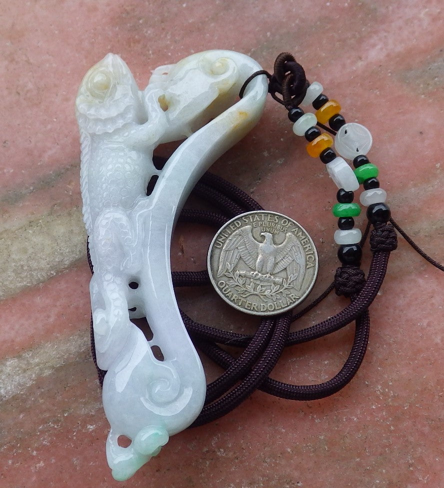 Certified Hand Carved Burma Natural A Jade jadeite Dragon Lizard Hook Pendant Necklace