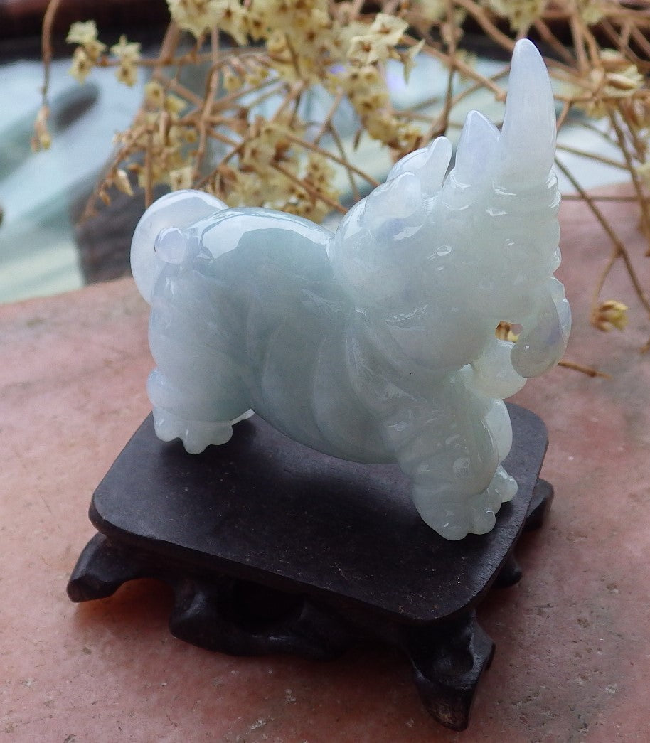 Certified Lavender Natural Burma Grade A Jade jadeite Rhinoceros Ruyi Display with Wood Stand