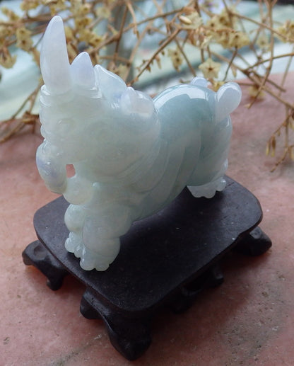 Certified Lavender Natural Burma Grade A Jade jadeite Rhinoceros Ruyi Display with Wood Stand