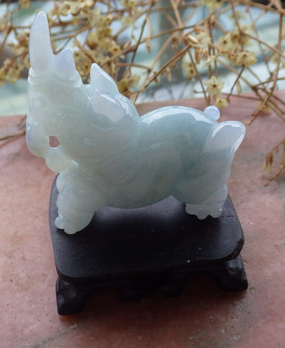 Certified Lavender Natural Burma Grade A Jade jadeite Rhinoceros Ruyi Display with Wood Stand