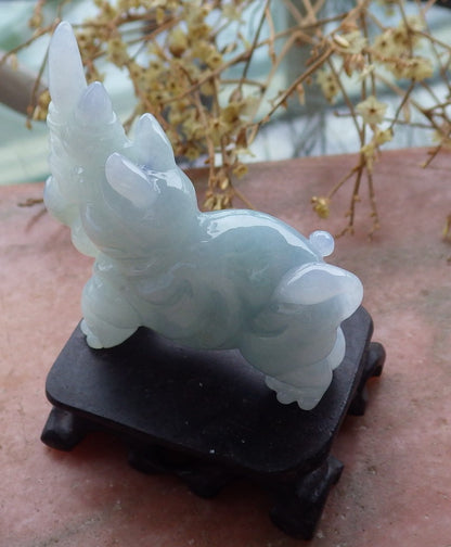 Certified Lavender Natural Burma Grade A Jade jadeite Rhinoceros Ruyi Display with Wood Stand