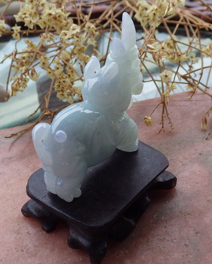 Certified Lavender Natural Burma Grade A Jade jadeite Rhinoceros Ruyi Display with Wood Stand