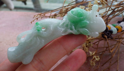 Certified Hand Carved Natural Burma Grade A Jade jadeite Dragon Lizard Bamboo Pendant Necklace