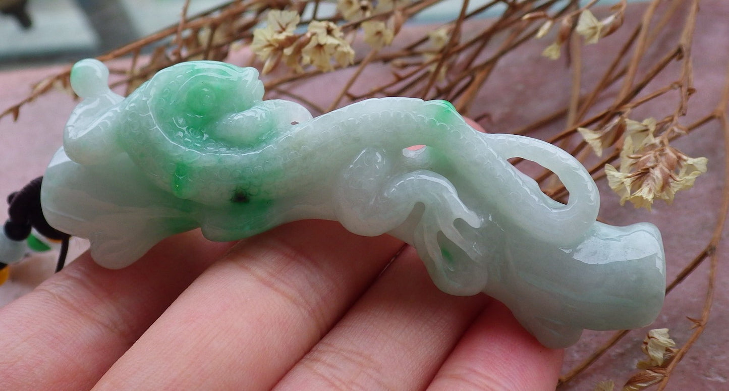 Certified Hand Carved Natural Burma Grade A Jade jadeite Dragon Lizard Bamboo Pendant Necklace